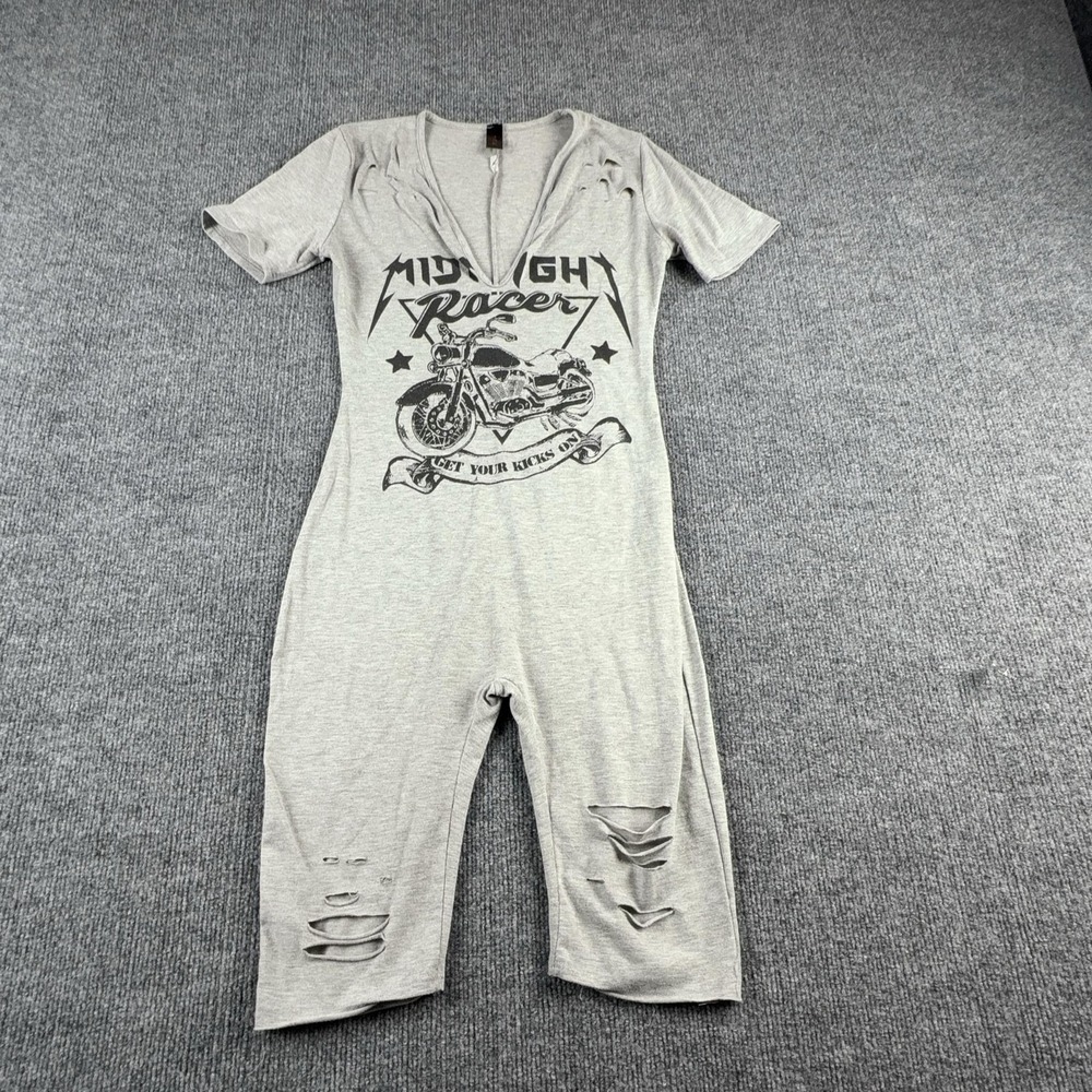 JNK Romper Womens Small Gray‎ Midnight Racer Biker Graphic V Neck Distressed